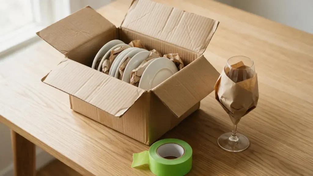 Platos blancos colocados de canto dentro de una caja de cartón con papel de embalar y una copa envuelta
