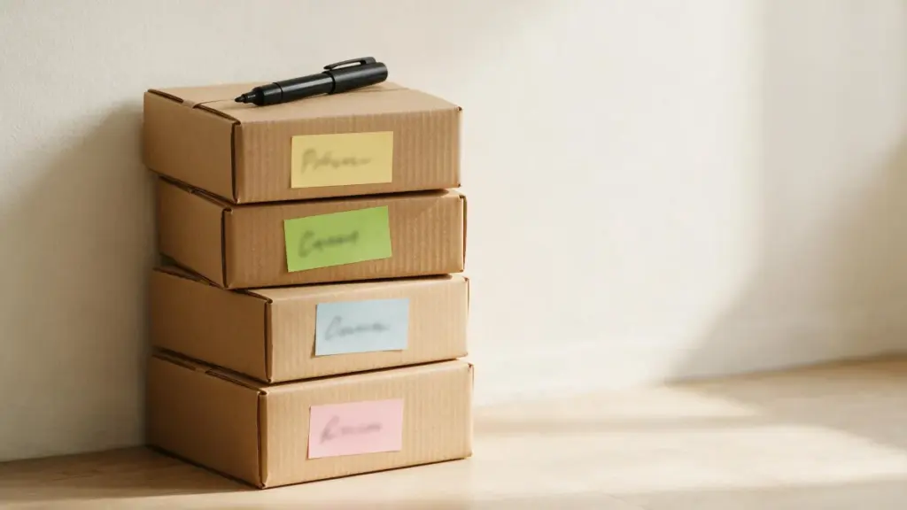 Cajas de mudanza de cartón apiladas y etiquetadas por colores con un rotulador encima