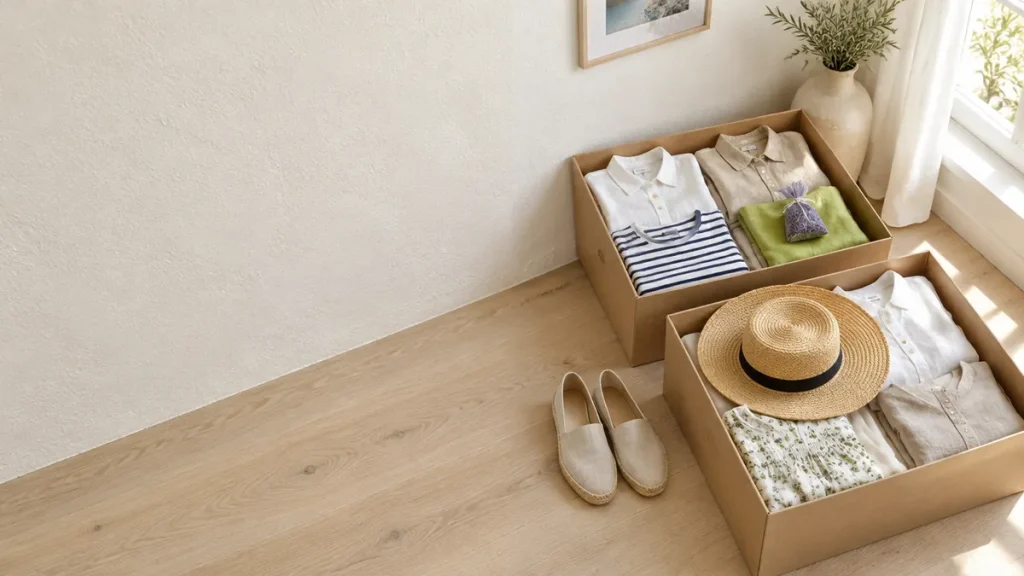 Cajas de cartón con ropa de verano doblada, un sombrero de paja y alpargatas junto a la ventana durante el cambio de armario