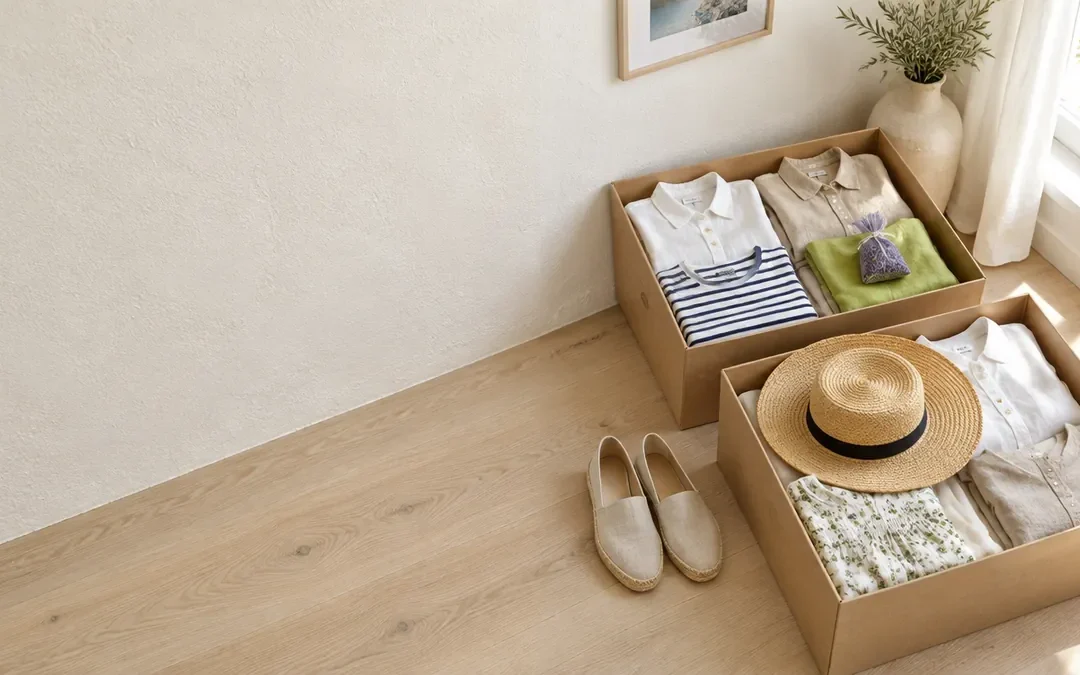 Cajas de cartón con ropa de verano doblada, un sombrero de paja y alpargatas junto a la ventana durante el cambio de armario