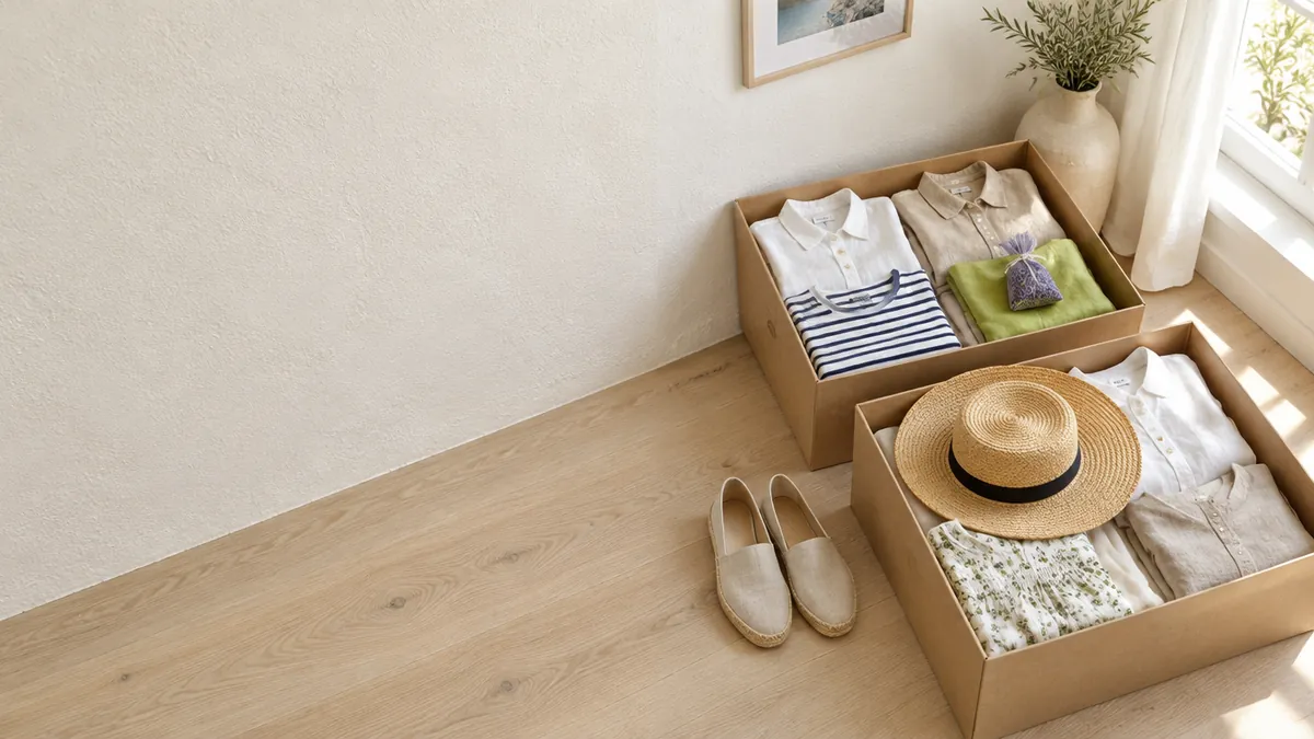 Cajas de cartón con ropa de verano doblada, un sombrero de paja y alpargatas junto a la ventana durante el cambio de armario